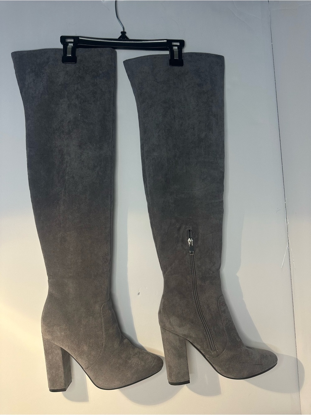 PrettyLittleThing Gray Suede Over-The-Knee Block Heel Boots